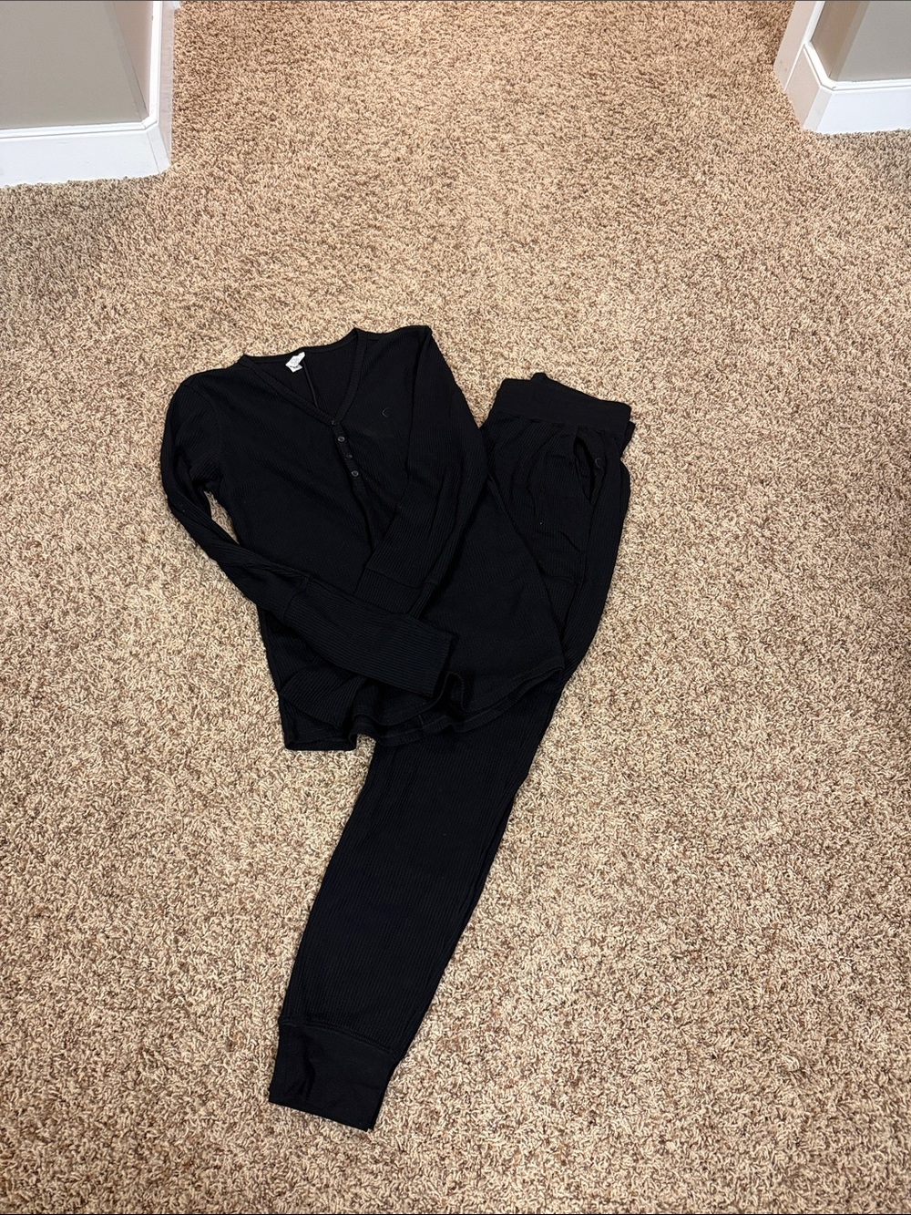 ZYIA Black Ribbed Lounge Set - Button-Front Top & Jogger Pants